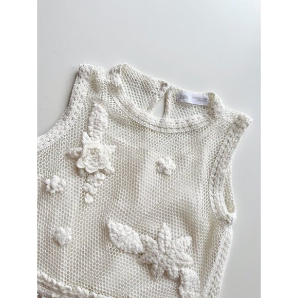 Girl's ZARA White Cotton Crochet Floral Knit Tank Top, Size 11-12 - Picture 2 of 9